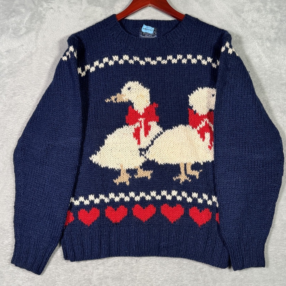Vintage Woolrich‎ Sweater Womens L Blue Duck Goose Hearts Knit Pullover *FLAW
